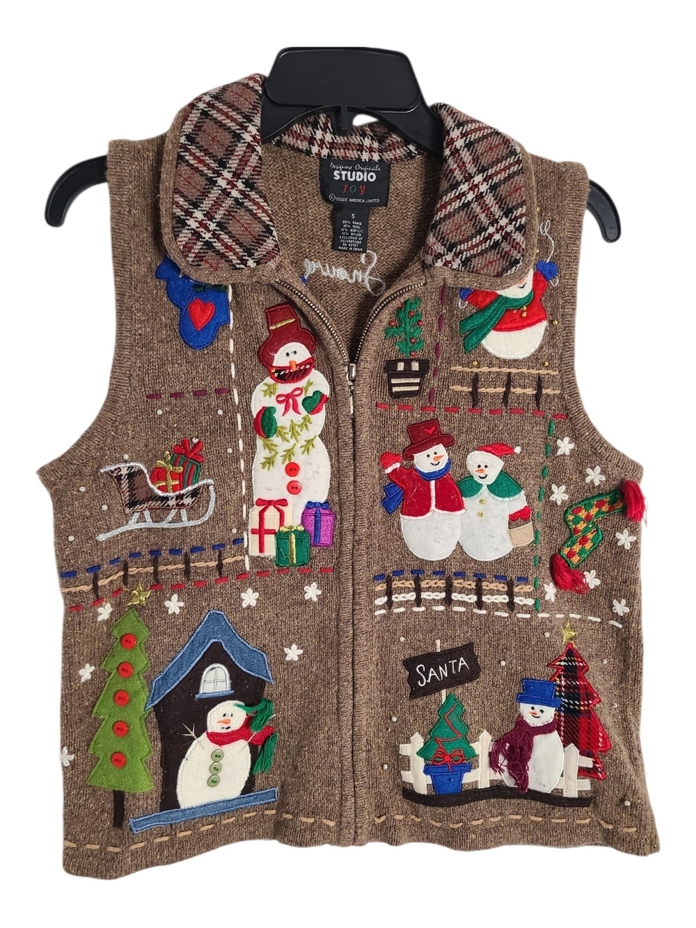 Designers Originals Studio Joy Brown Tweed Knit Vest with Red & Green Accents